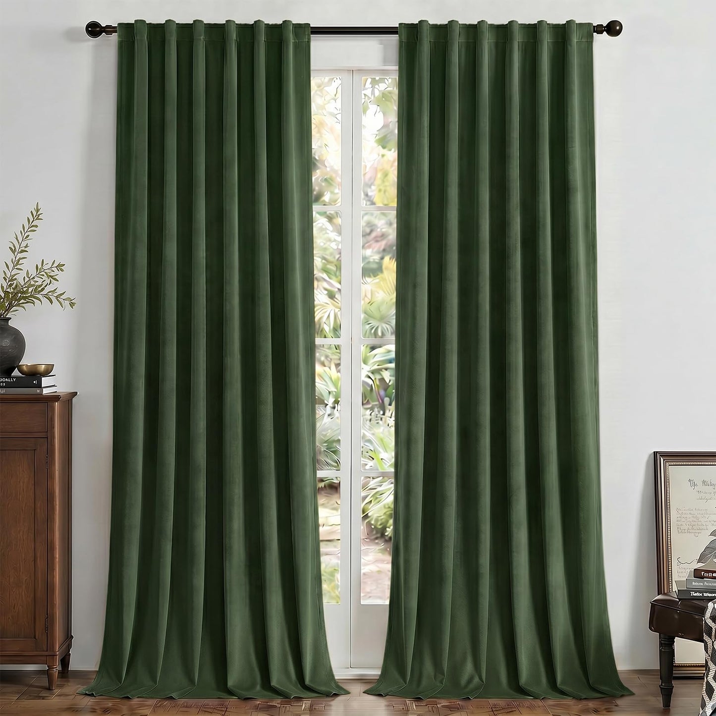 Joydeco Olive Green 100% Blackout Curtains 84 Inch 2 Panels, Luxury Thermal Green Velvet Curtains for Bedroom Living Room, Soundproof Blackout Window Drapes, Rod Pocket & Back Tab (52W x 84L)