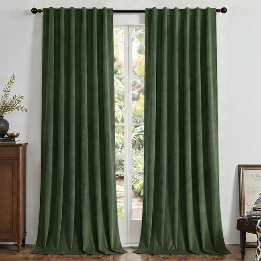 Joydeco Olive Green 100% Blackout Curtains 84 Inch 2 Panels, Luxury Thermal Green Velvet Curtains for Bedroom Living Room, Soundproof Blackout Window Drapes, Rod Pocket & Back Tab (52W x 84L)