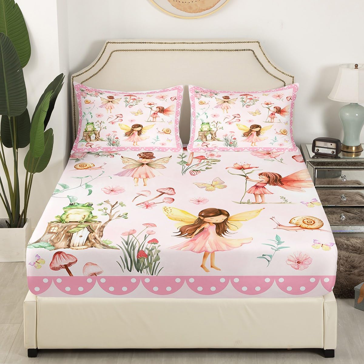 Erosebridal Dreamy Fairy Twin Bedding Set,Pink Floral Garden Fitted Sheet for Girls Kids,Mushroom and Frog Bed Set,Kawaii Flower Butterfly Bed Sheets 2Pcs Room Decor (No Flat Sheet)