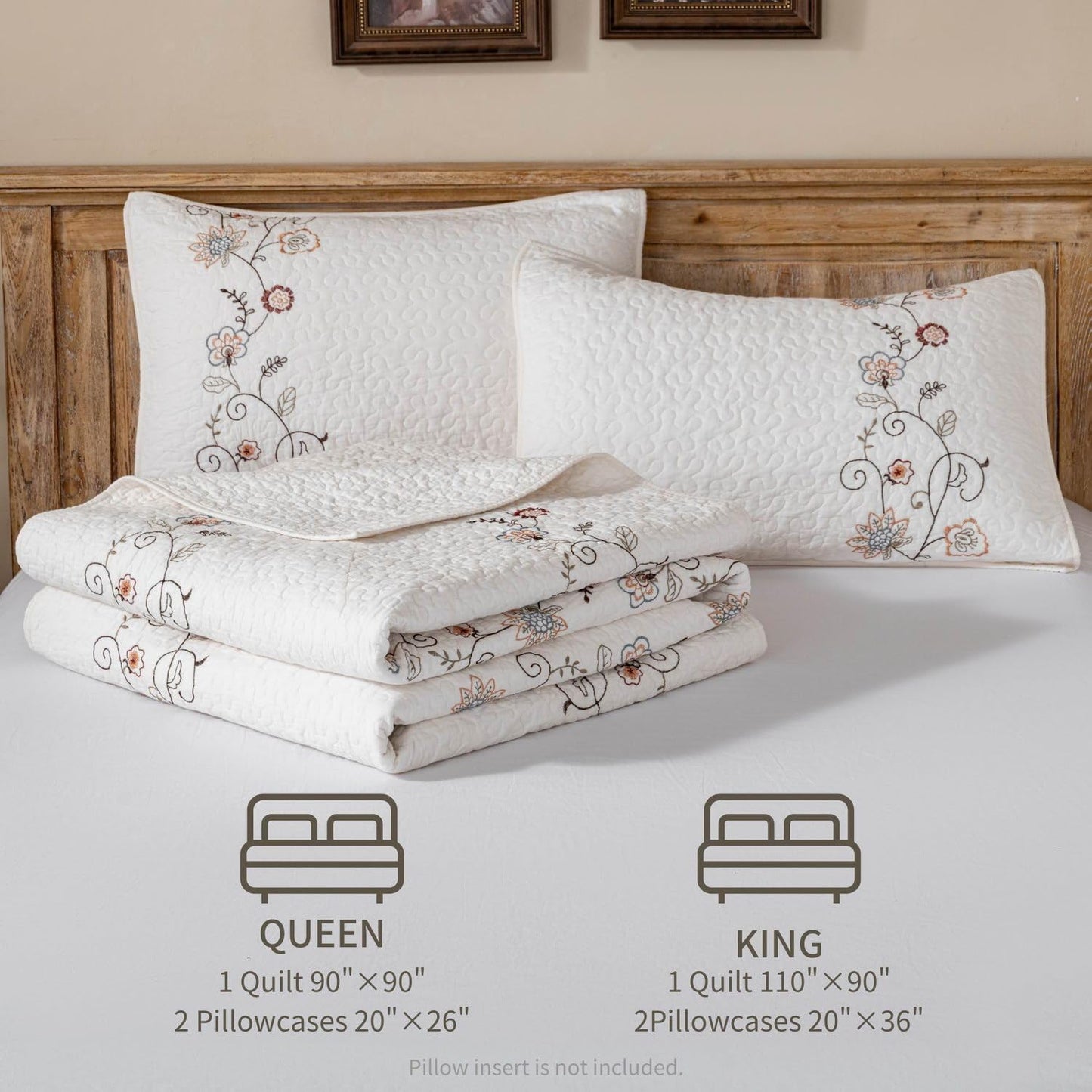 meadow park Embroidery Quilt Set 3-Piece Prewashed. 100% Cotton. Embroidery and Allover Quilting. Queen Size Bed Spread. Ivory Color.