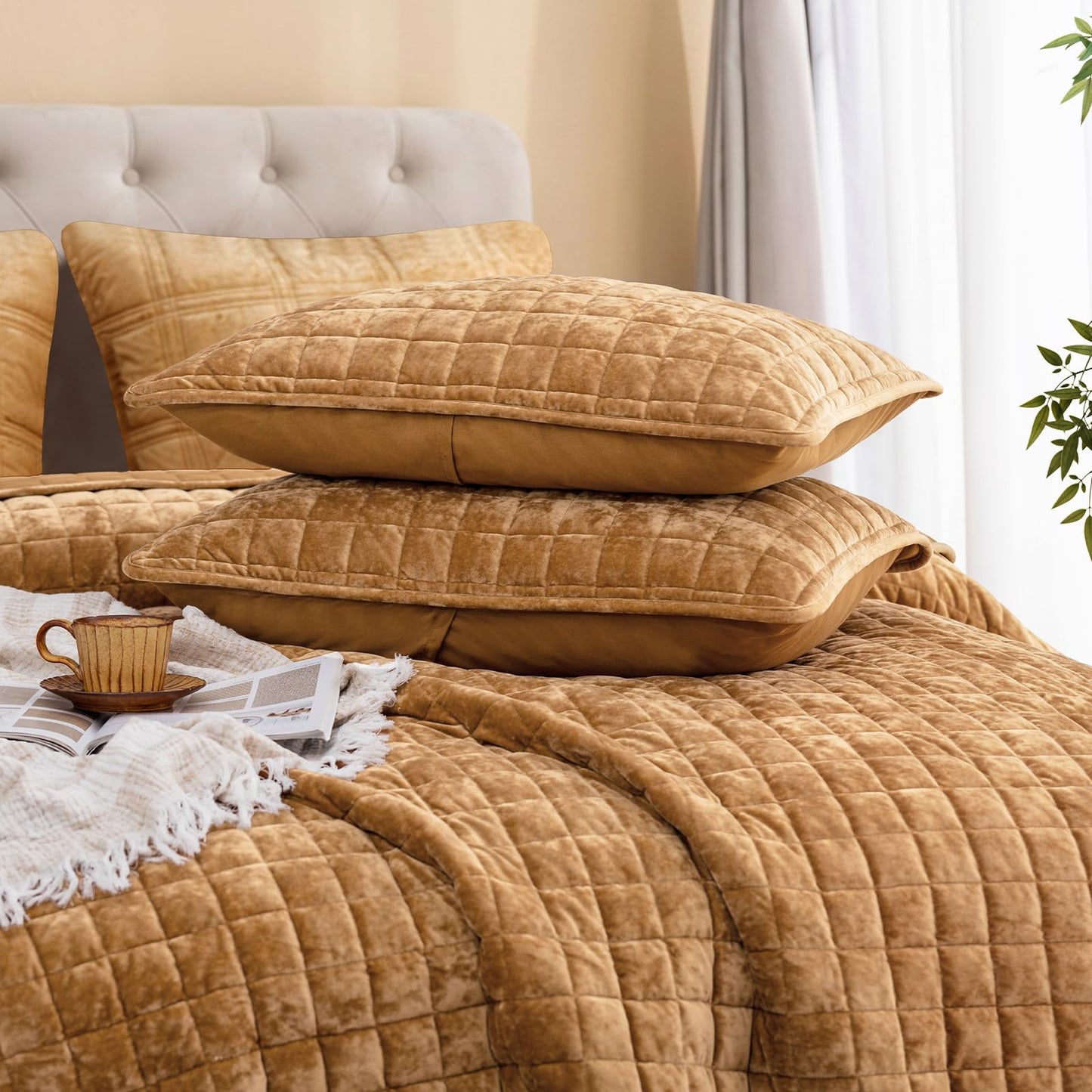 PHF Luxurious Velvet Quilt Set King Size – 3PCS Super Soft Quilted Comforter Alternative with Square-Box Quilt Pattern, Warm Quilted Bedspread Coverlet, 108" x 92", Rusty Burnt Orange