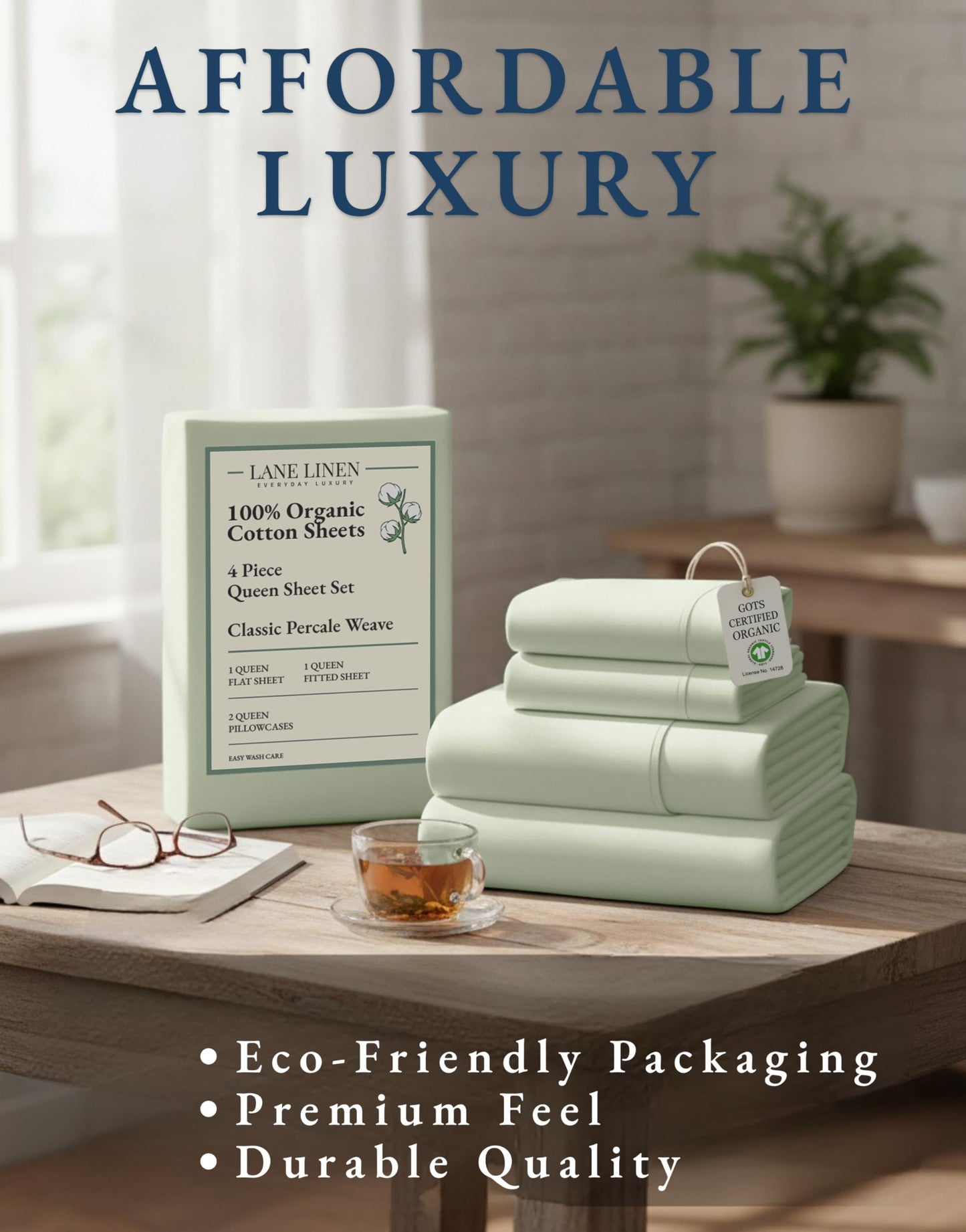 LANE LINEN 100% Organic Cotton Sheets Queen Size Bed Set, Machine Wash Eco Friendly Sustainably Produced Cotton Queen Sheet Set, Soft & Comfy Long Stabple Naturally Cooling Sheets– Mineral