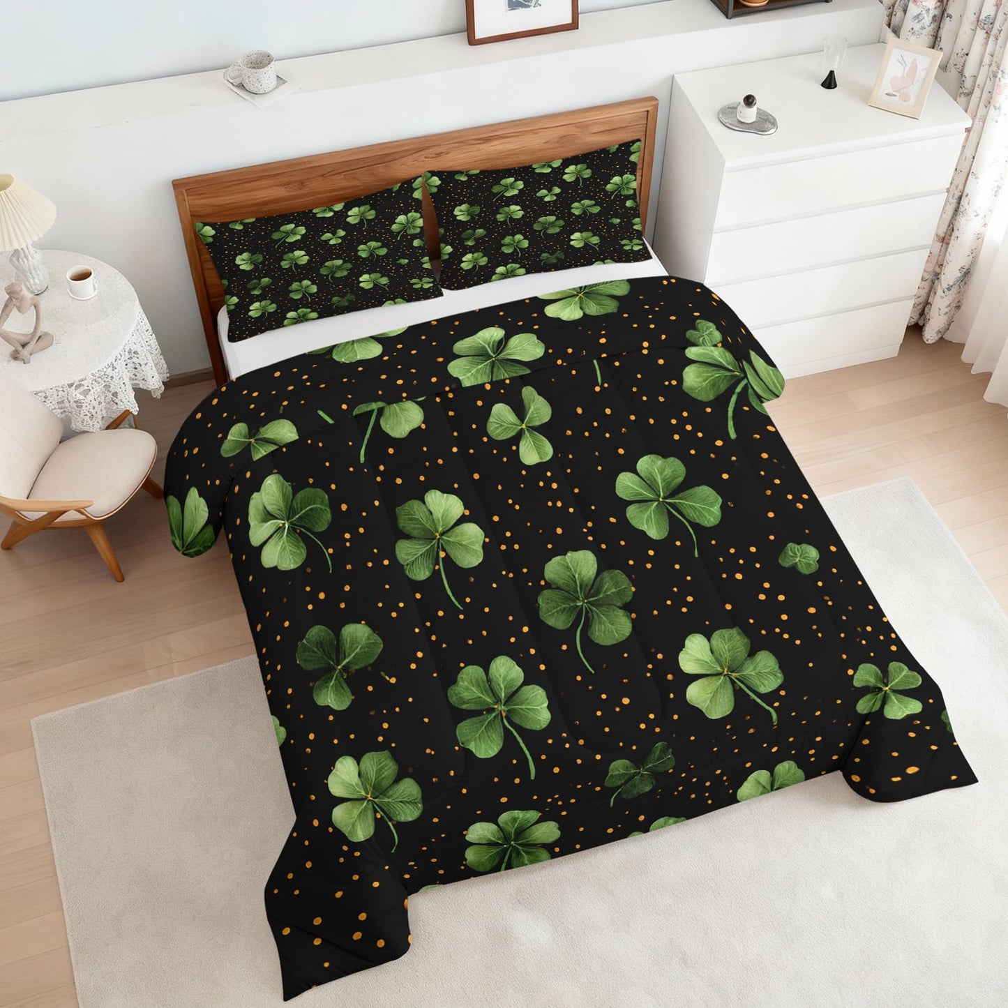 Garden Floral Comforter Set King Size 3Pc, Black Green Leaf Pattern Down Alternative Bed Comforter, 2 Pillow Shams, Soft All Season Bedding, Leaves Bedroom Decor A14