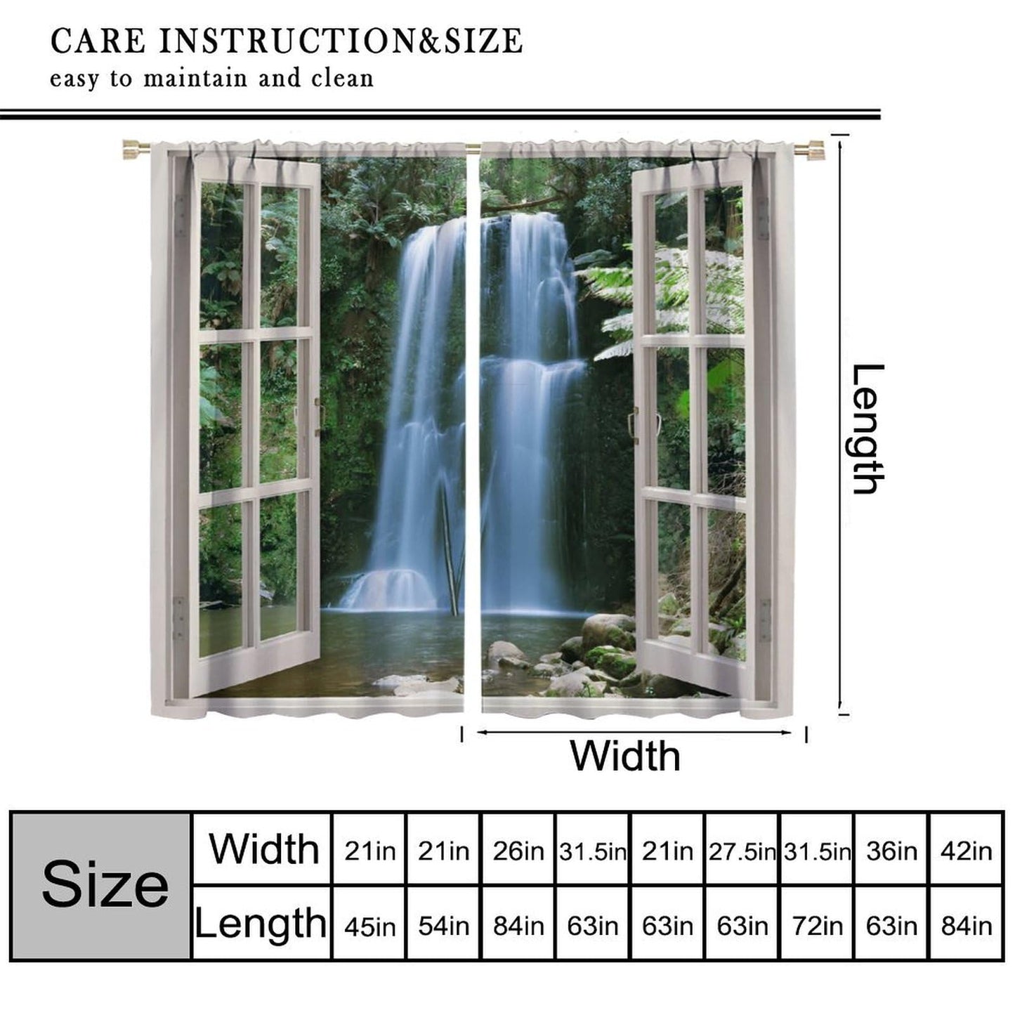 Nsbul Landscape Curtains, Waterfall Scene Lush Greenery Nature Decor Window Drapes for Bedroom Living Room, 42" W X 45" L (No Blackout)