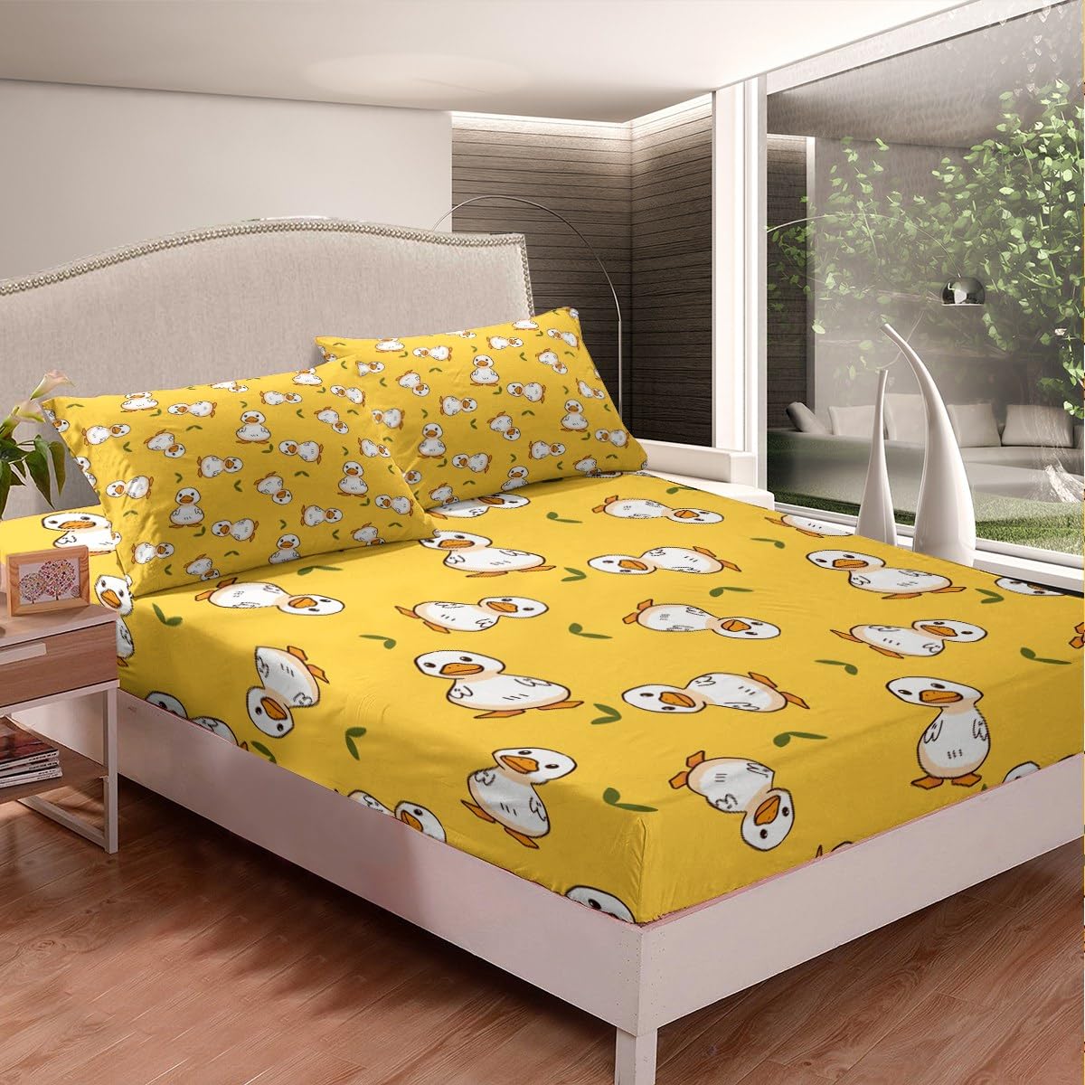 Erosebridal Duck Sheet Set, Cartoon Duck Bed Sheets for Kids, Lovely Hand Painted Bedding Set with Full Fitted Sheet + Flat Sheet + 2 Pillowcases