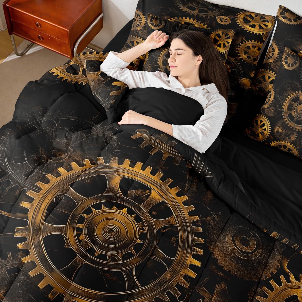 Erosebridal Golden Ndustrial Gear King Comforter Set, Steampunk Style 7-Piece Bed in A Bag, Clocks Theme Sheets and Pillowcases, Retro Mechanical Device Kids Adult Bed Sets