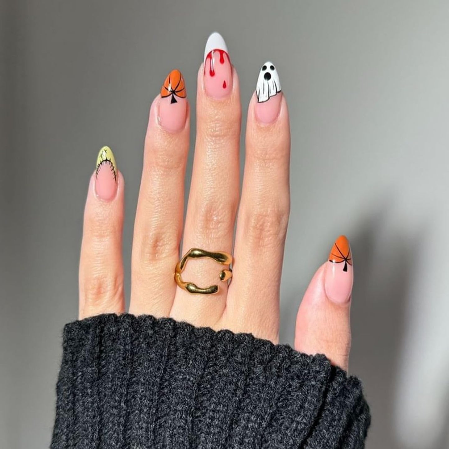 IMSOHOT Halloween Press on Nails Medium Almond Fake Nails Acrylic French Tip False Nails with Ghost, Pumpkin Designs Glossy Full Cover Cute Artificial Glue Stick on Nails 24Pcs