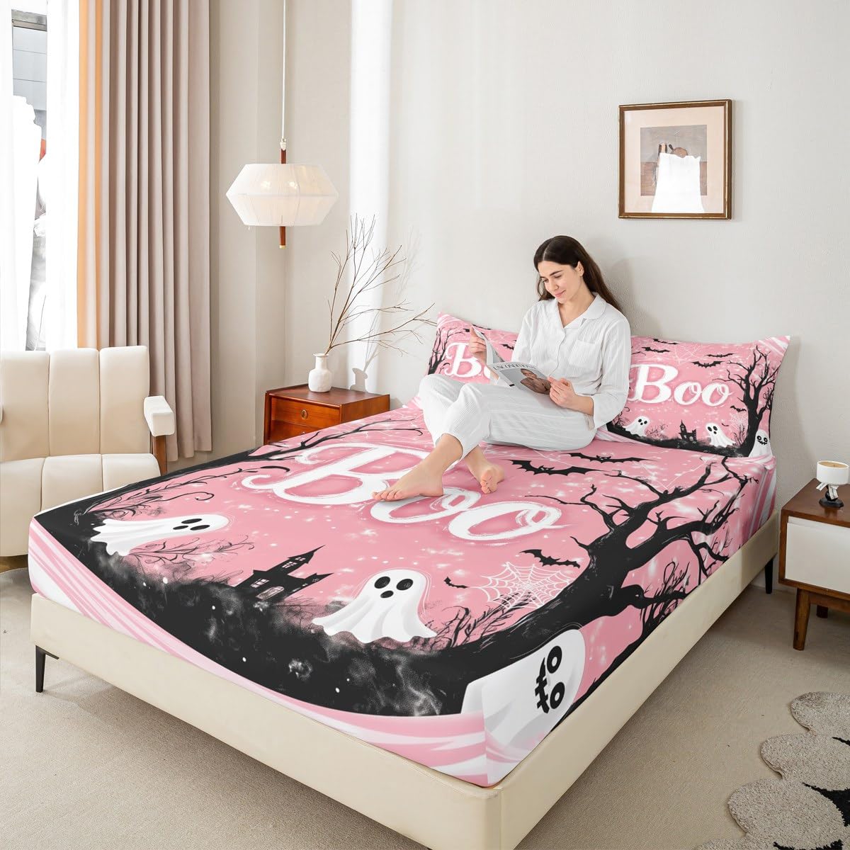 Feelyou Kids Halloween Fitted Sheet Full Size, Pink Ghost Bed Sheet Set Boys Girls Horror Decor Bedding Set Boo Teens Bedroom Decor 3Pcs (No TOP Sheet)
