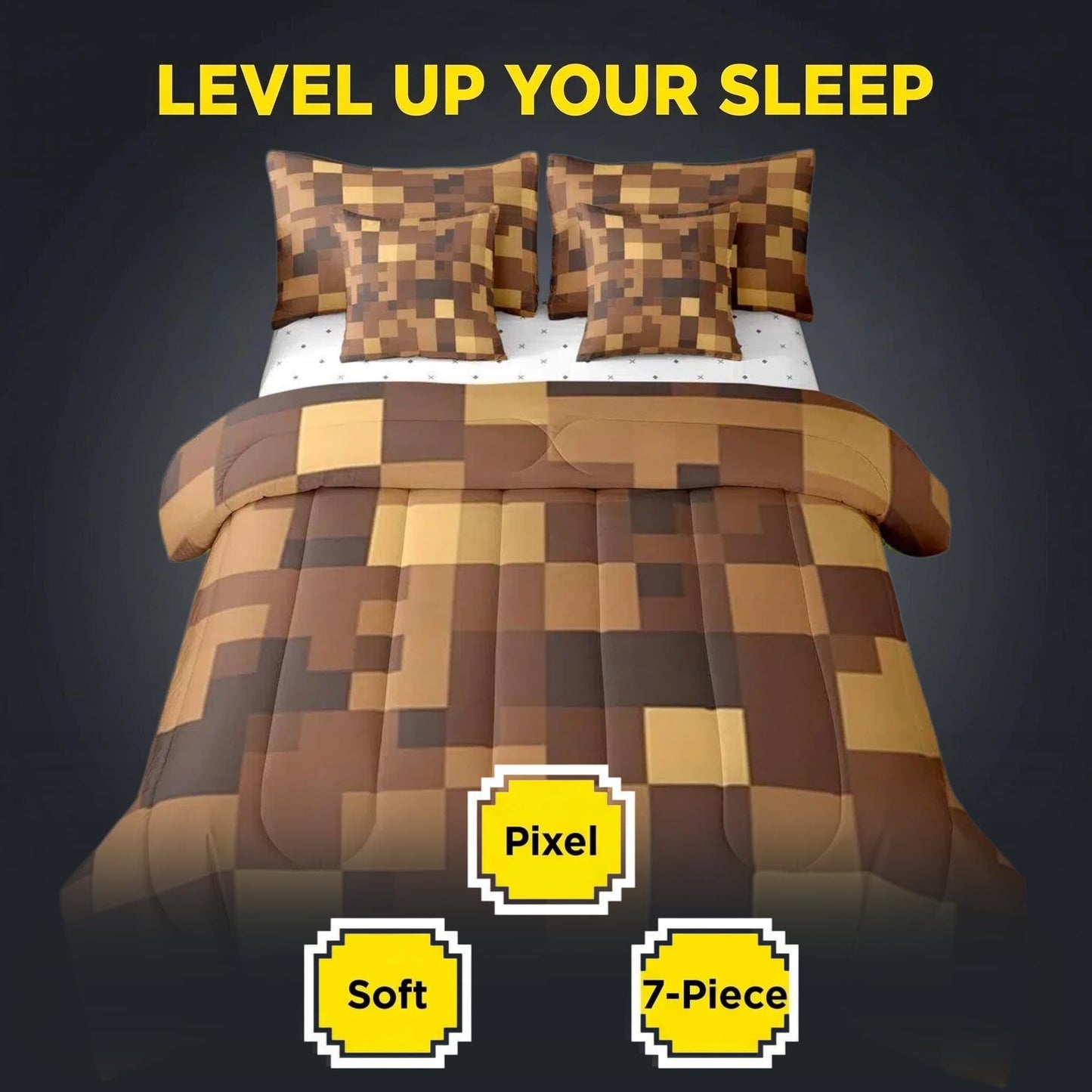Feelyou Pixel Theme Comforter Set with Sheets 7 Piece Twin Size Geometric Square Bed in a Bag Kids Boys Girls Gamer Bedding Set Mosaic Bedroom Decor Brown Breathable Soft Lightweight Microfiber