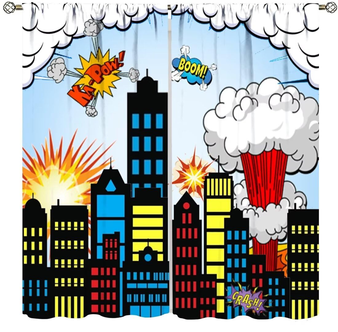 Hero Curtains for Kids Buildings Cityscape Cartoon City Comic Art Window Treatments for Boys Girls Bedroom Nursery Décor Drapes 2 Panel Sets Total Size 42" x 45"