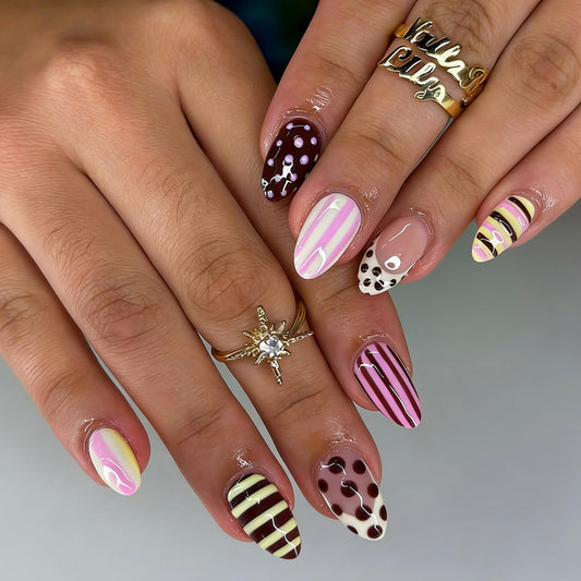 octoswave Long Almond Press on Nails Pink Striped and Brown Polka Dot Glossy False Nails for Women Girls Party Travel Fashion Fake Nails Art 24Pcs