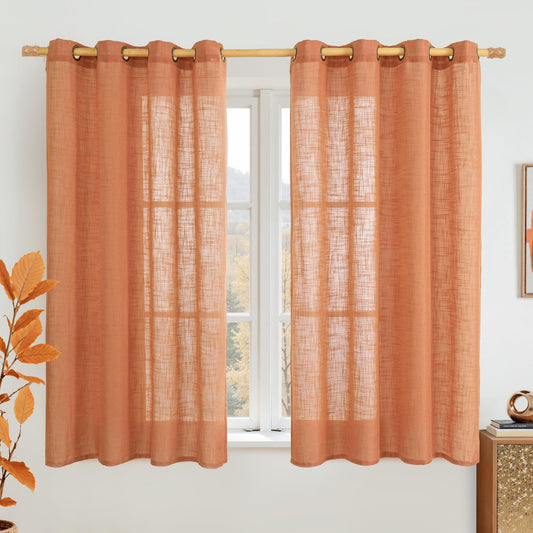 LAMIT Burnt Orange Sheer Linen Curtains 54 Inch Length, Light Filtering Panels Bronze Grommet Boho Farmhouse Decor Drapes for Bedroom/Living Room, 2 Panels, 52 x 54 Inch