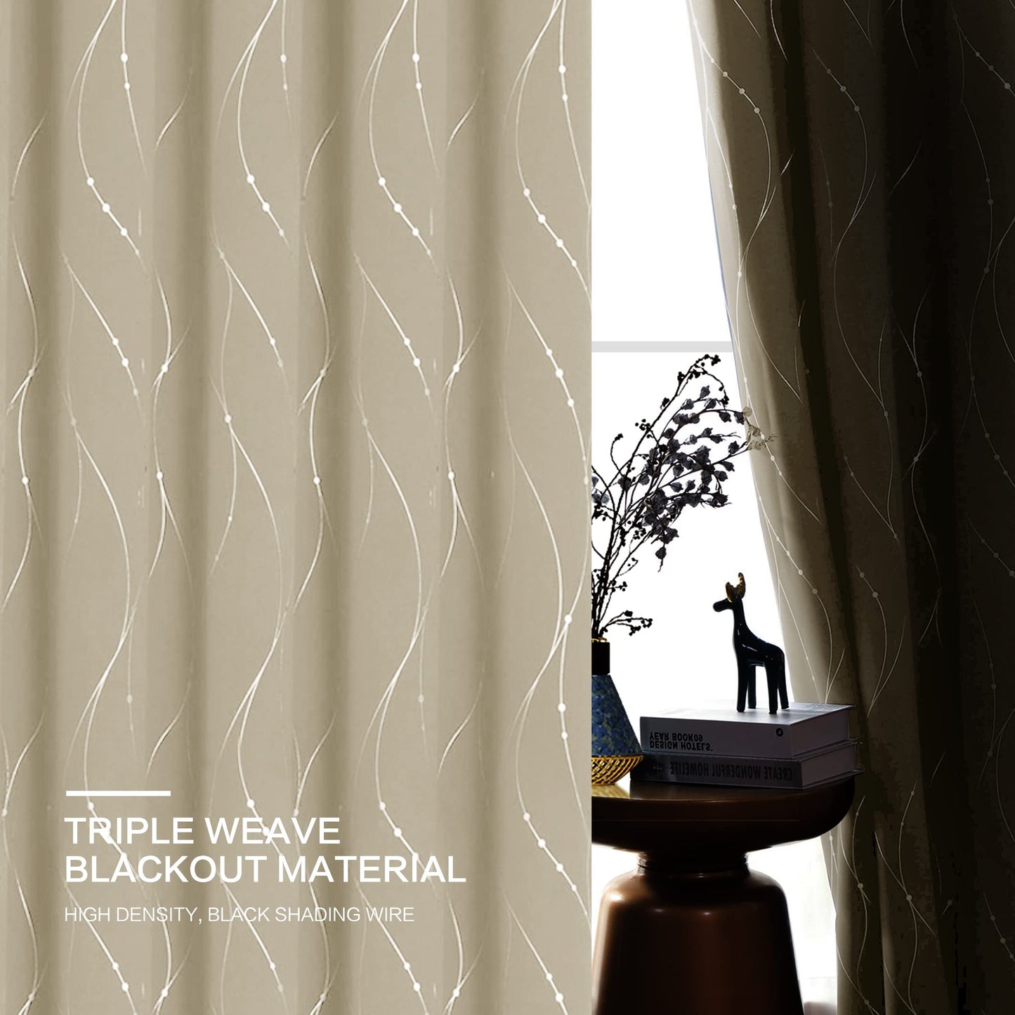 BUHUA Beige Curtains for Bedroom 84 Inch Length Silver Foil Print Light Blocking Curtains, Thermal Insulated Drapes, 38 x 84 Inch, Beige, 2 Panels