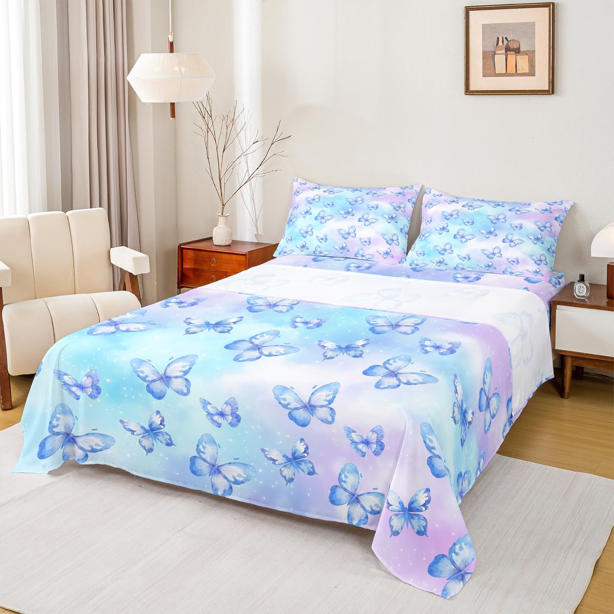 Erosebridal Pink Blue Butterfly Sheet Set Twin Watercolor 3D Printed Bed Sheets Set Purple Colorful Rainbow Sheets for Boys Girls Fantasy Dreamy Princess Flat Fitted Sheet with 1 Pillow Case