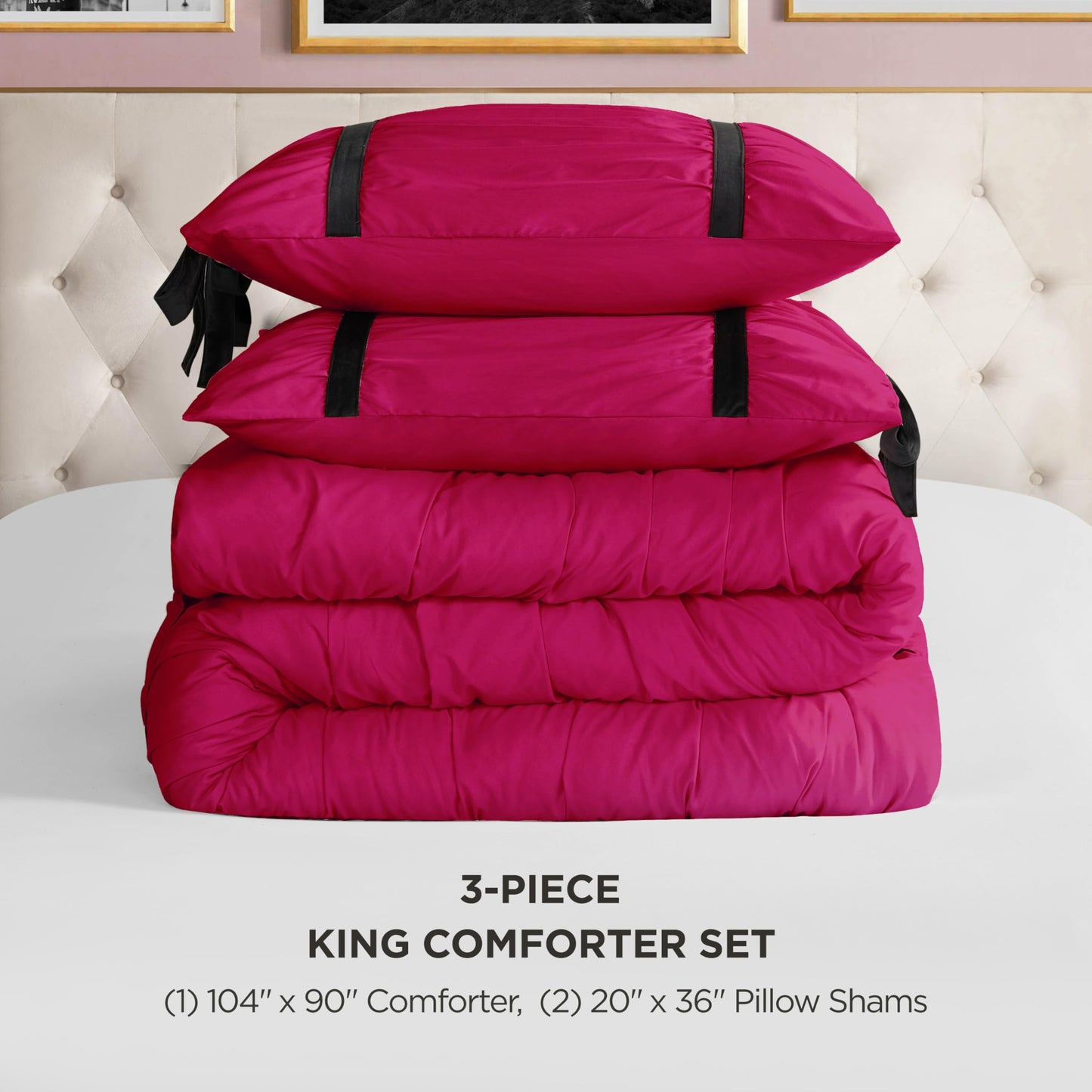 Juicy Couture Hot Pink Amelie Velvet Bows Ruched King Comforter Set - 3 Piece Stylish Bedding Ensemble