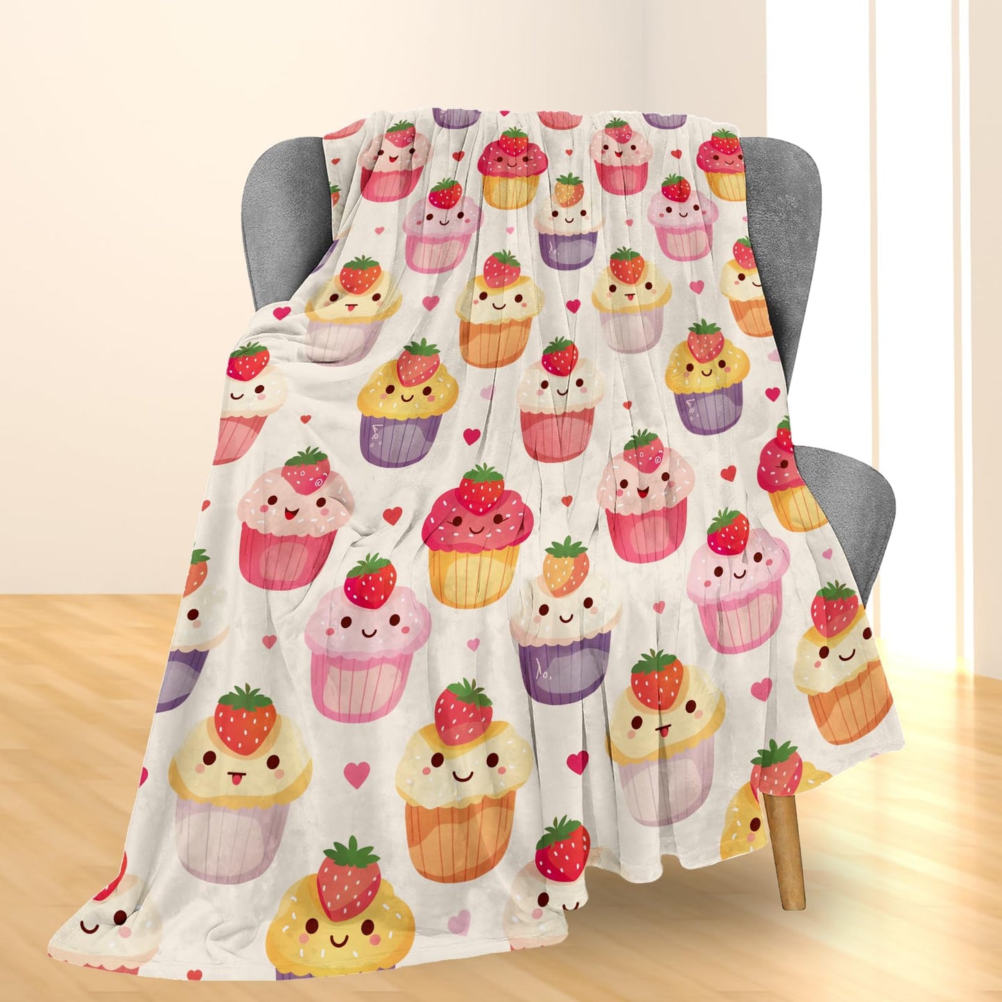 Ti Caldi Adorable Cupcake & Hearts Blanket | Soft Warm Fuzzy Lightweight Flannel Throw Blanket Perfect for Couch, Bed, Decor, Travel & Outdoor Use, Cozy Blankets for Adults Kids Women Girls 60×50 in