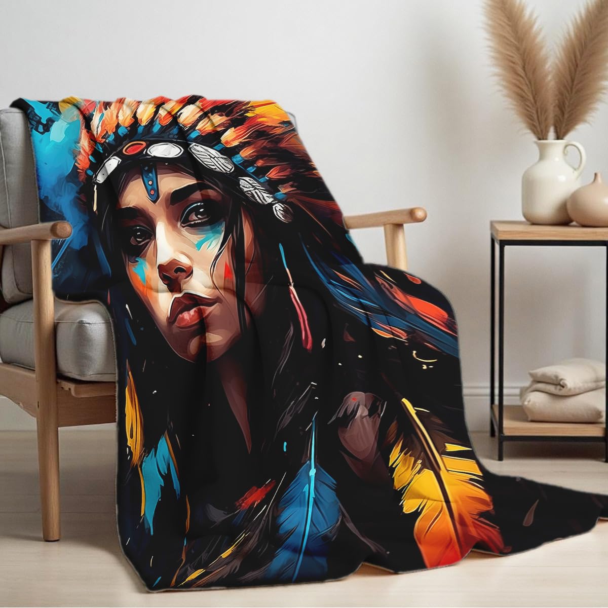 HUNXIAOJ Native American Indian Style Blankets Queen Size Native American Indian Gifts Western Decor Throw Blankets Bedding Warm Soft Flannel for Bed Couch (49"x59")