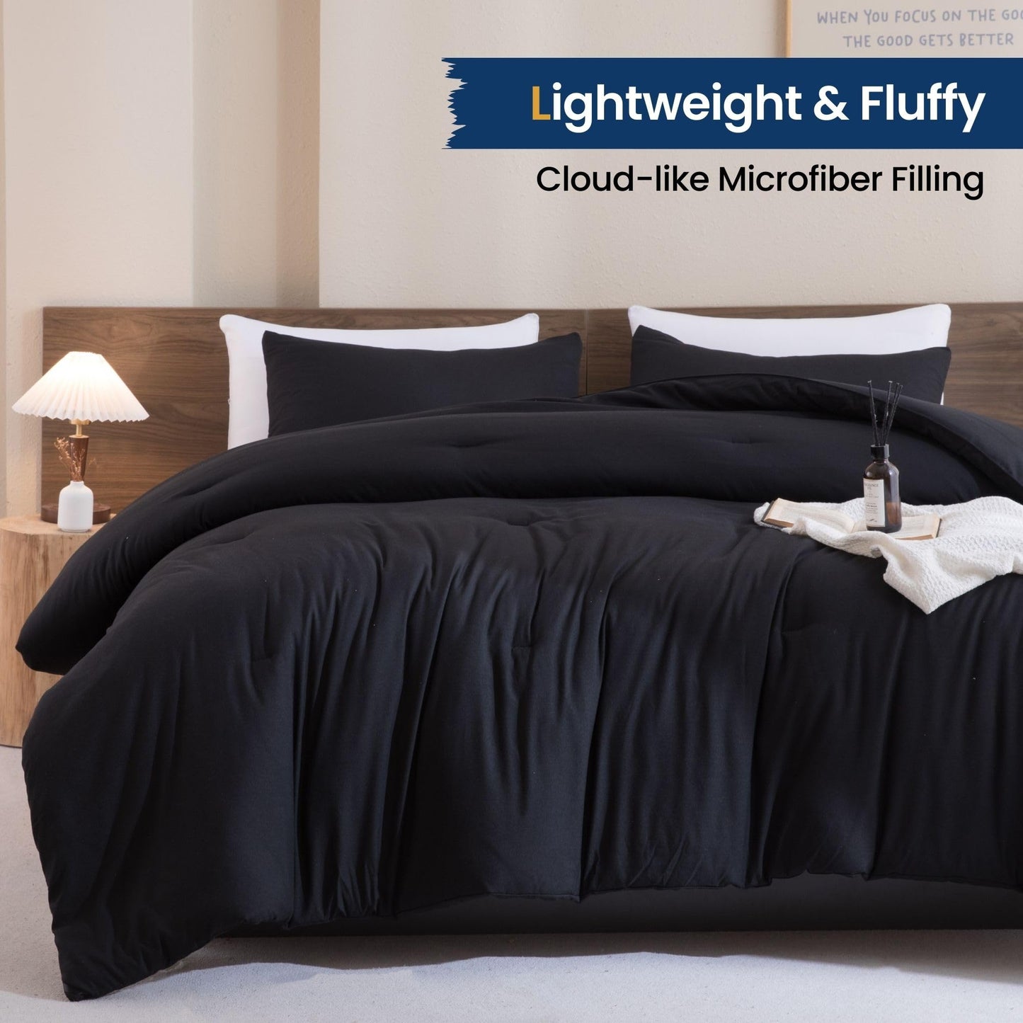 Paxrac Black Queen Comforter Set, Modern 3 Pieces Comforter Set, Lightweight & Fluffy Solid Bedding Set Queen Size, All Seasons Soft Breathable Queen Comforter Set (90x90In Comforter & 2 Pillowcases)