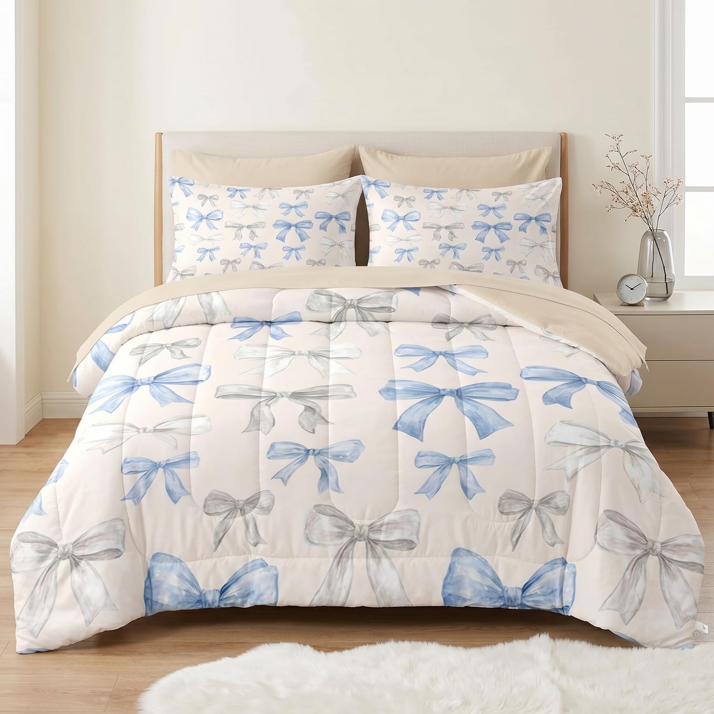 WeCozy 5 Pcs Twin Size Comforter Set with Pillowcase & Sham, Bow Coquette Blue Bedding Set for Kids and Adults, Preppy Girly Bed in a Bag with Flat Sheet and Fitted Sheet