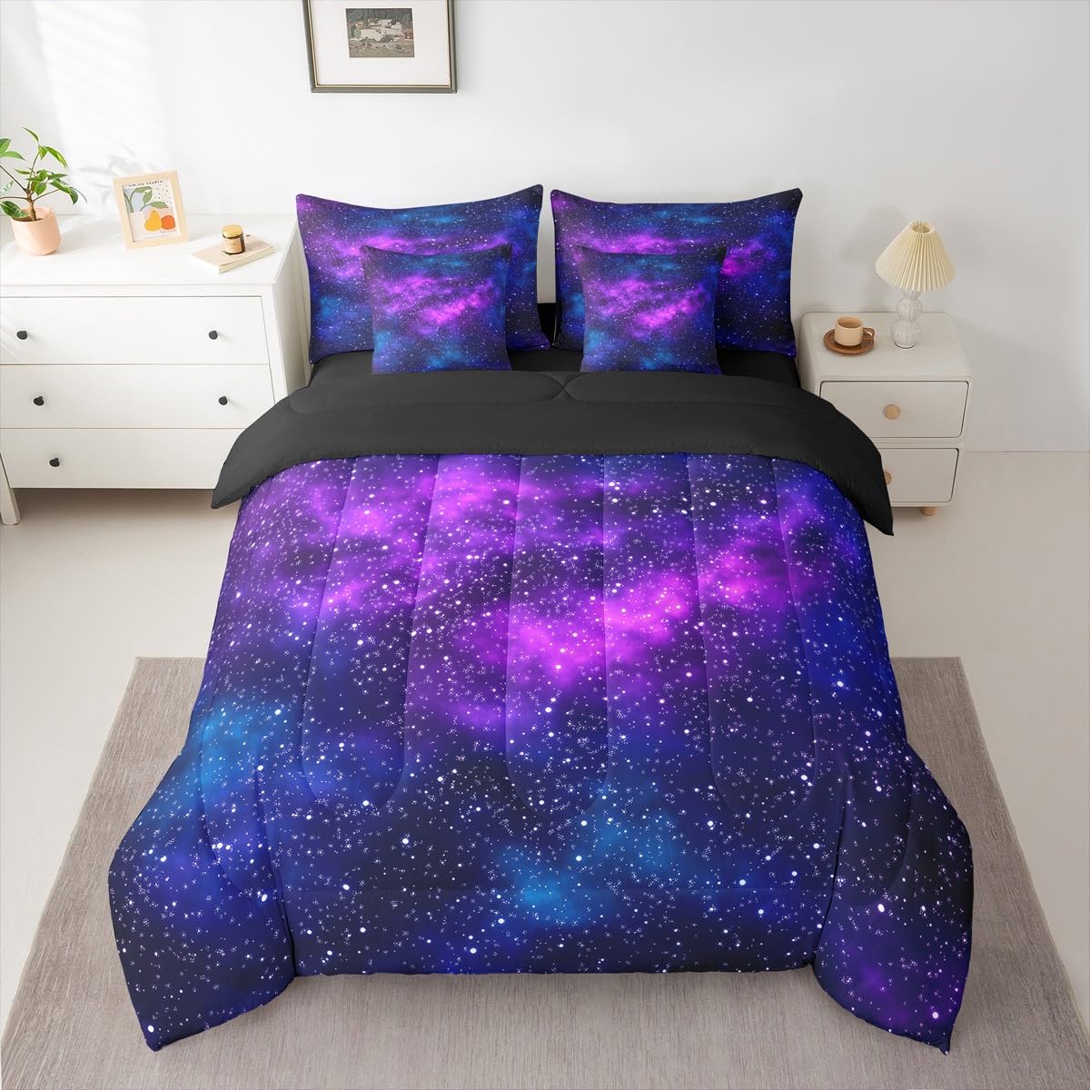 Erosebridal Purple Galaxy King Comforter Set Starry Sky 7 Pieces Bedding Mysterious Outer Space Universe Bed Set Women Men Bed in A Bag