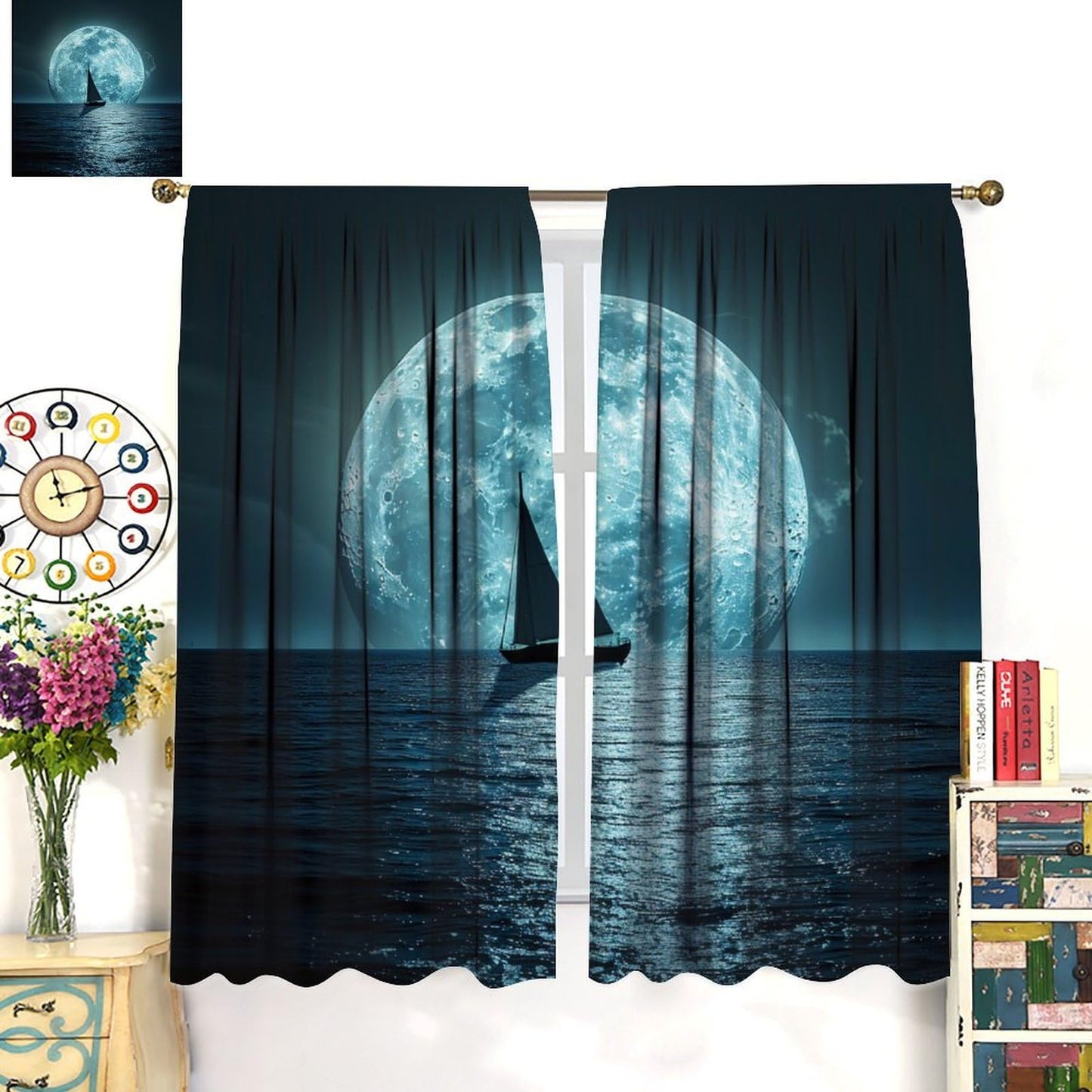 TOWINSFB Dark Night Moon Sailboat Blackout Curtains for Living Room Bedroom, Modern Star Coastal Window Curtains Rod Pocket Thermal Insulated Window Drapes, 2 Panels, Each 21" W x 45" L