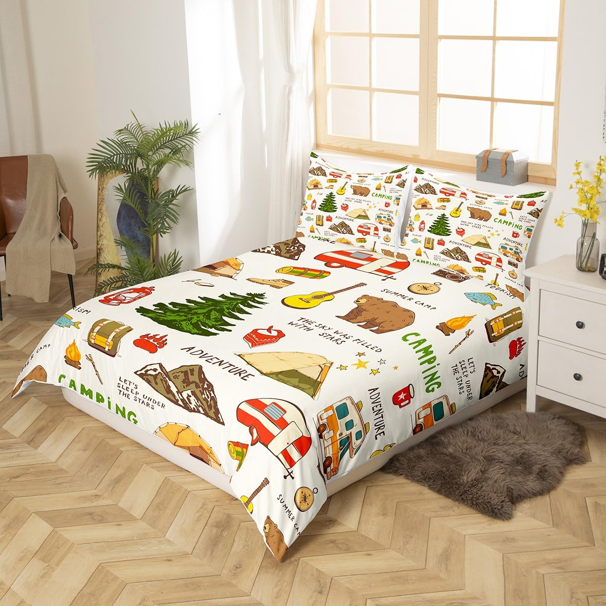 Camping and Adventure Bedding Set King Size,Cartoon Bear Camper Car Duvet Cover Set for Kids Girls Boys Teens Room Decor,Happy Camping Comforter Cover Outdoor Travel Quilt Cover,2 Pillowcases
