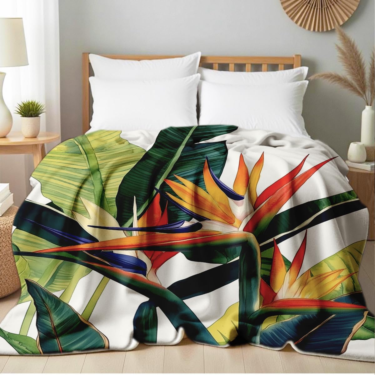 HUNXIAOJ Paradise Throw Blanket Birds Tropical Flowers Print Throw Floral Flannel Blanket for Sofa Bed Couch Office Home Decor Nature Botanical Lovers Gifts (49"x59")