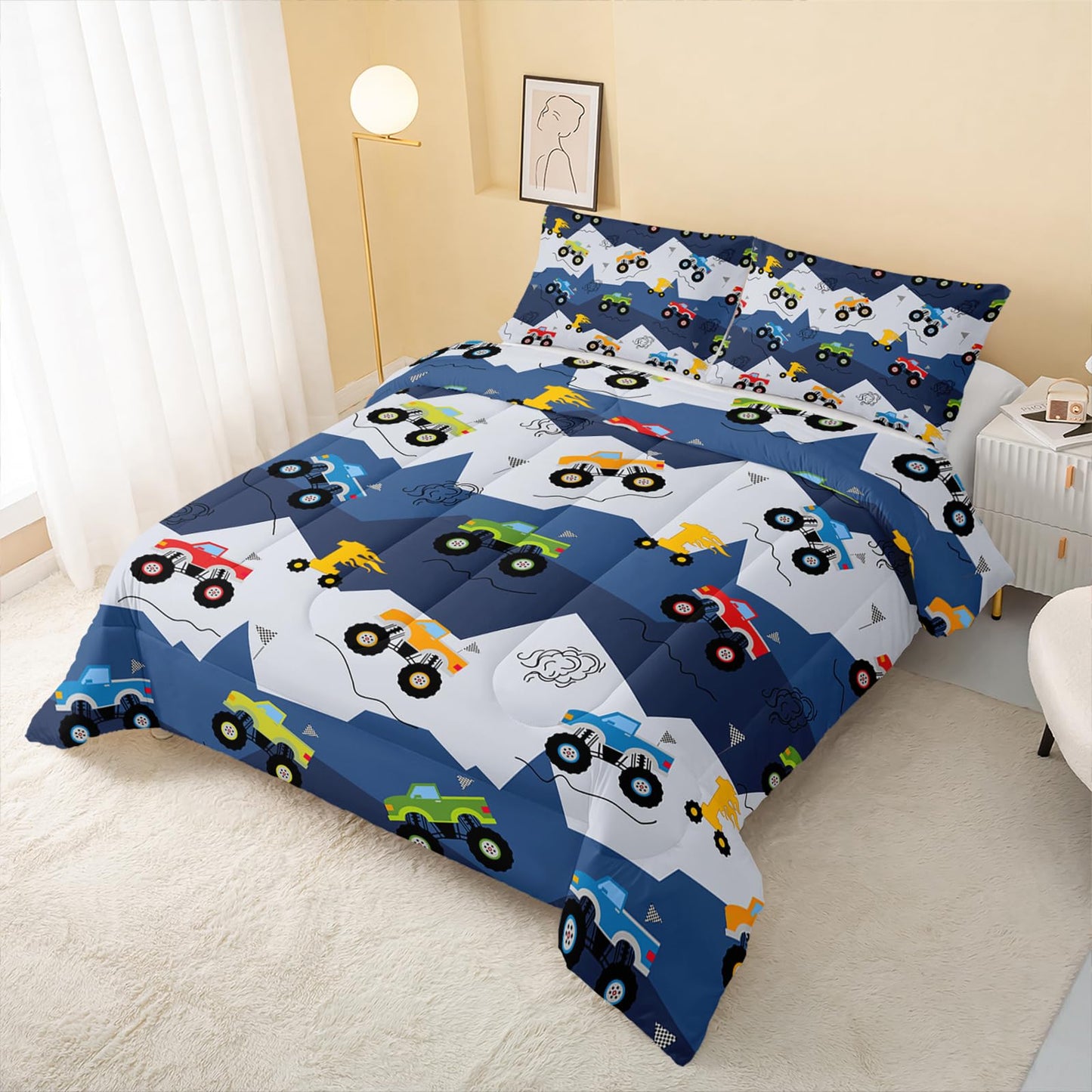 QOOMO 3Pcs Car Comforter Set Twin,Truck Bedding Set for Teens Boys Girls,Cars Printed Comforter with 2 Pillowcases,Down Alternative,Soft and Lightweight
