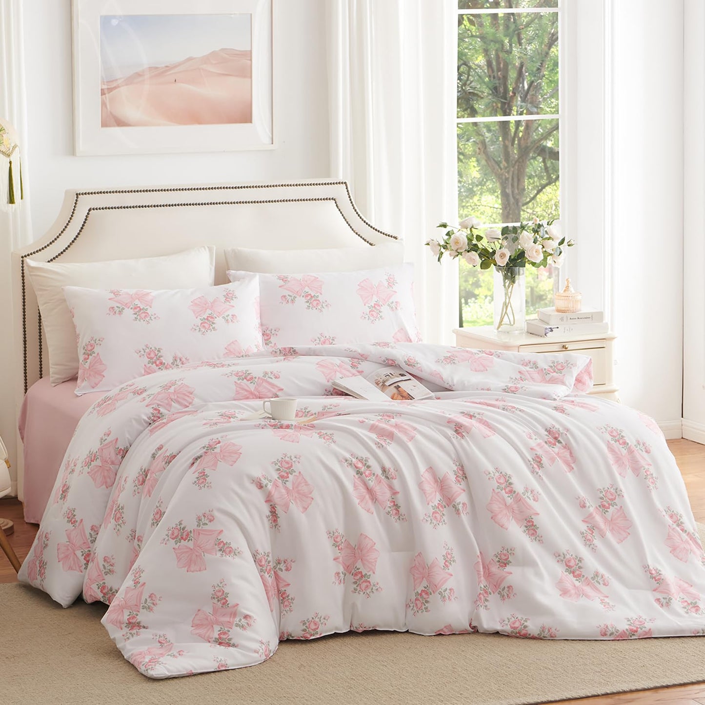 Nayoroom Pink Bow Comforter Set Queen Size Pink Floral Bed Comforter for Girls 3 Pieces Soft Lightweight Kids Cute Coquette Bedding Set for All Seasons