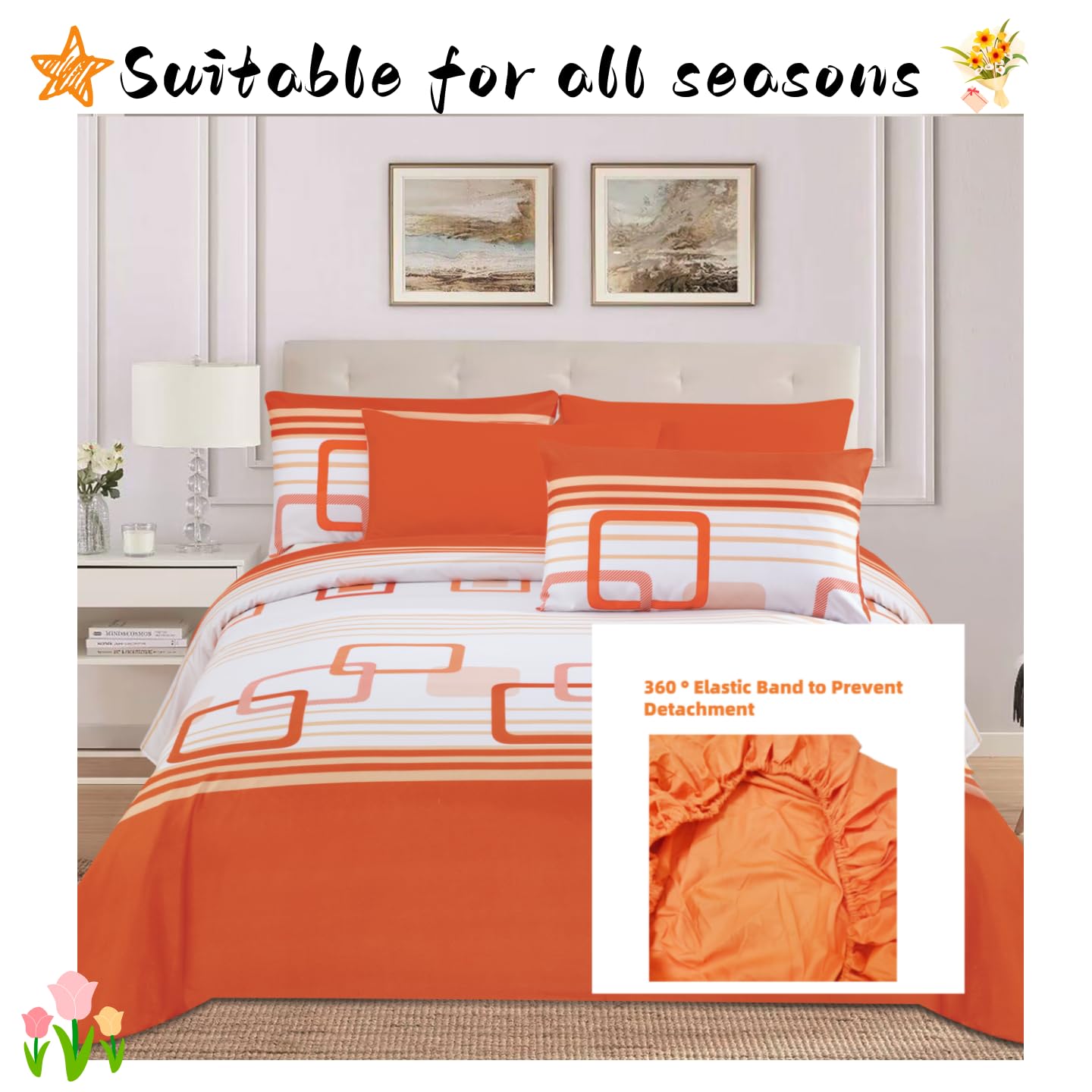 6Pcs Bed Sheet Set King Size, Orange White Geometric Soft Microfiber Bedding Sets with 1 Square Rectangle Patterned Sheet 1 Deep Pocket Fitted Sheet and 4 Pillowcases