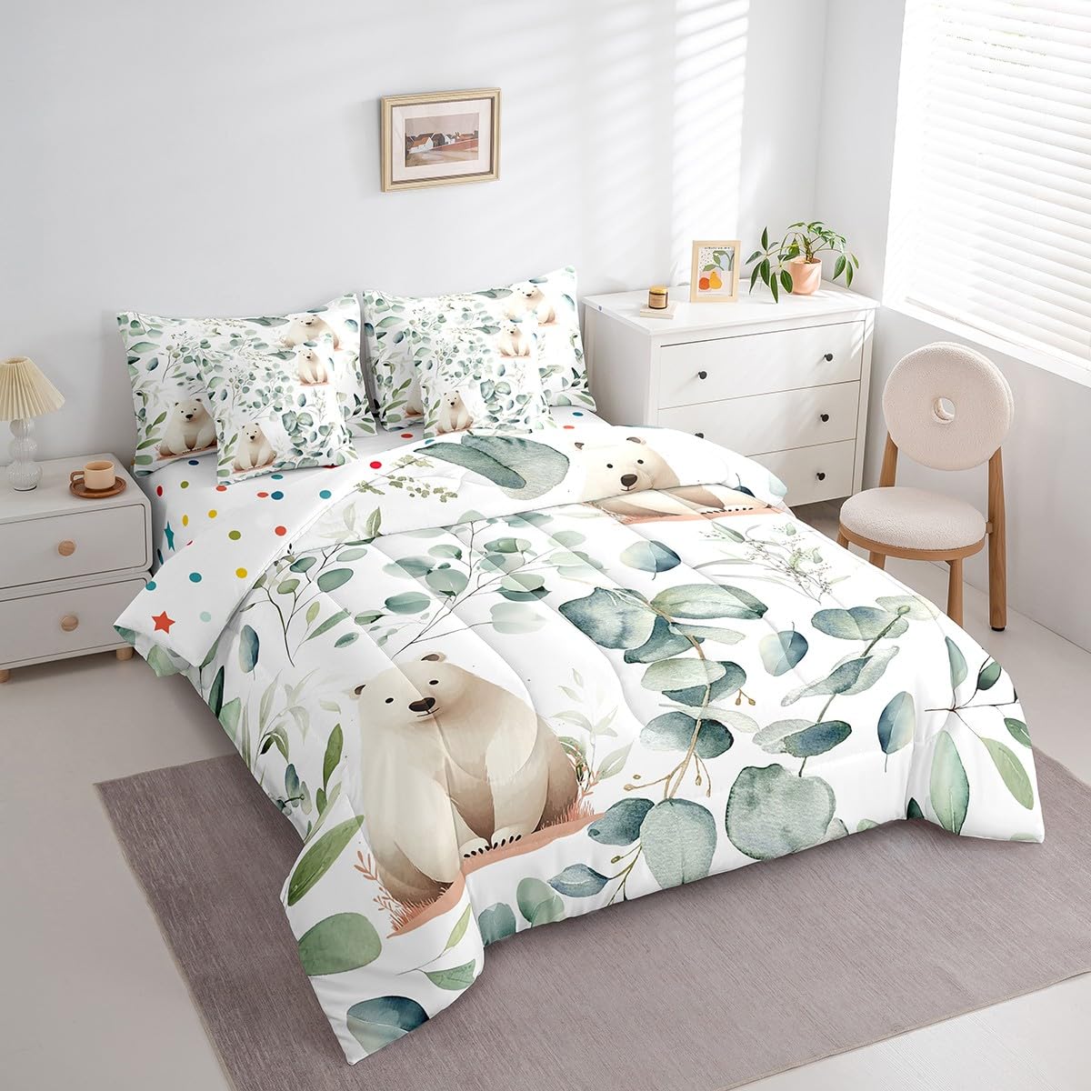 Erosebridal Boys Cartoon Animal Bed in a Bag 7-Piece for Kids Kawaii Polar Bear Bedding Set, Arctic Wildlife King Size Comforter Set White Green Bedding Comforter Sets, Botanical Eucalyptus Bed Set