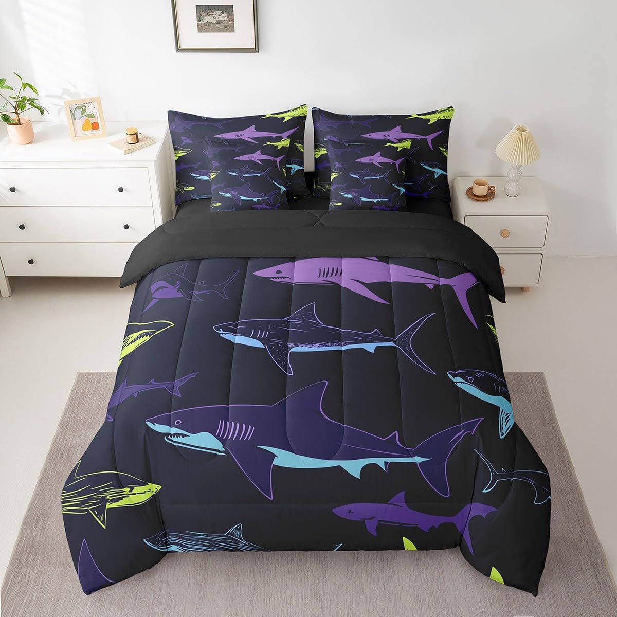 Erosebridal Shark Comforter Set 7 Piece Bed in a Bag Twin,Nautical Sea Animal Bedding Sets Ocean Decor Fish Comforter and Sheet Set,Coastal Sealife Bed Set