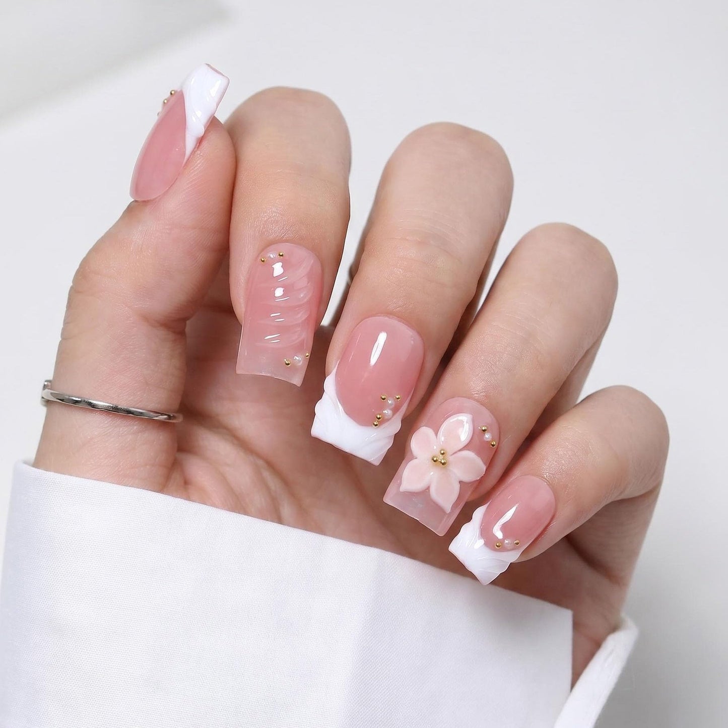EasierGlow 10Pcs Handmade Short Square Press On Nails | Easy Apply & Remove, Reusable Salon Quality Nails | Pink Press Ons with White French Tips, 3D Floral & Gold Bead Accents (Y213, S)