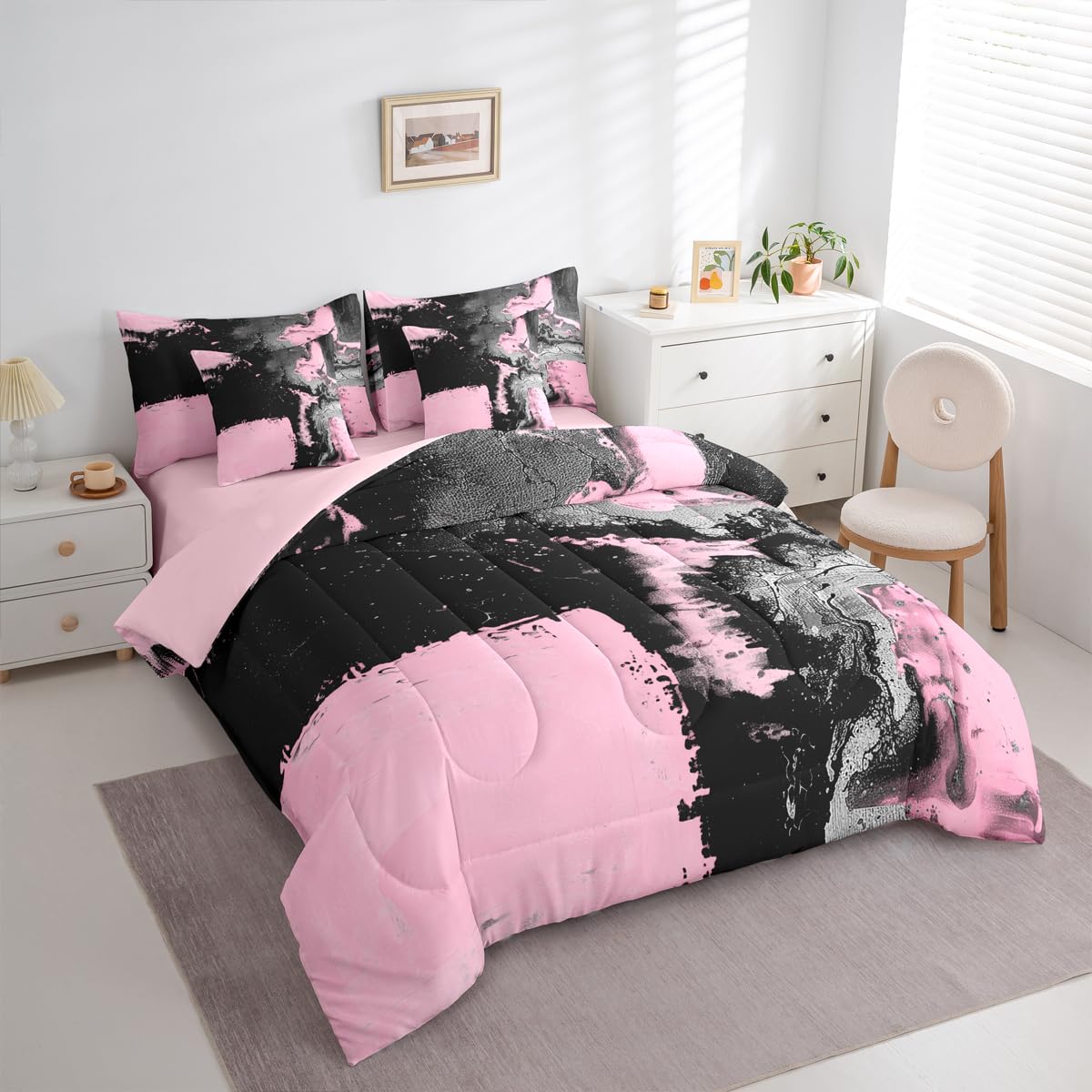 Feelyou Abstract Comforter Set King Size 7 Pieces Modern Abstract Art Bedding Set Luxury Bed in a Bag with Comforter, Sheets, Pillowcases, Cushion Covers Geometric Bedroom Decor Pink Balck