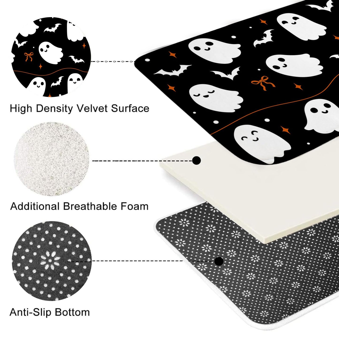 Mocsicka 4Pcs Halloween Shower Curtain Set Black Spooky Bow Ghost Shower Curtain Set for Halloween Bathroom Decor with Anti-Slip Waterproof Bathtub Bathroom Rugs Toilet Lid Cover