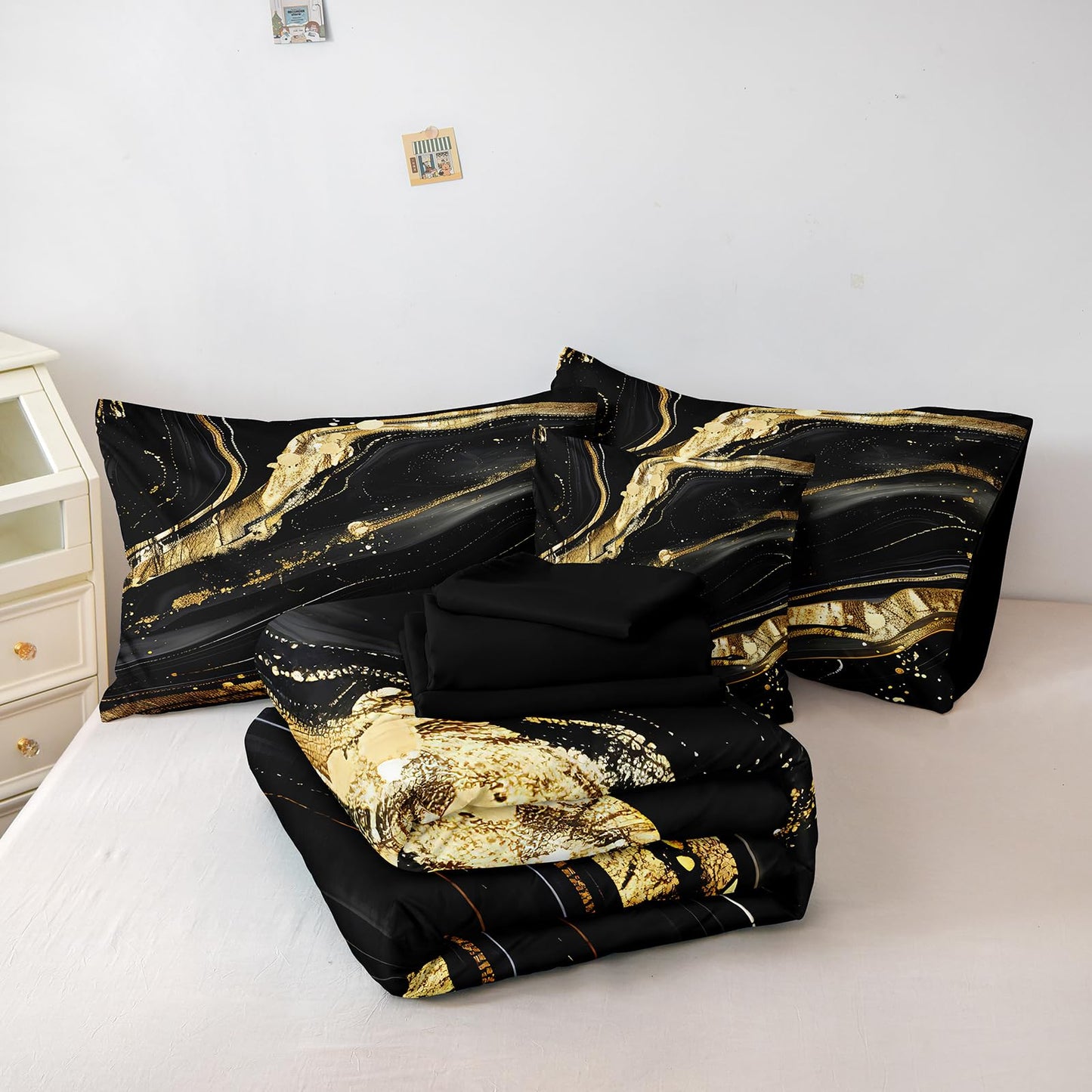 MOVE OVER 8 Pieces Black Gold Marble Bed in a Bag King Size Abstract Marble Textured Comforter Set with 1 Comforter 4 Pillowcases 1 Flat Sheet 1 Fitted Sheet 1 Cushion Cover