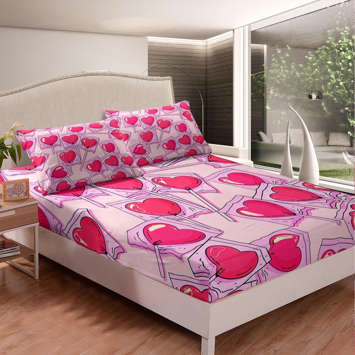 Feelyou Boys Girls Love Heart Bed Sheet Set Full Size, Valentine's Day Fitted Sheet Kids Red Heart Bedding Set Romantic Teens Bed Cover Bedroom Decor Lightweight Bed Set (No Flat Sheet)