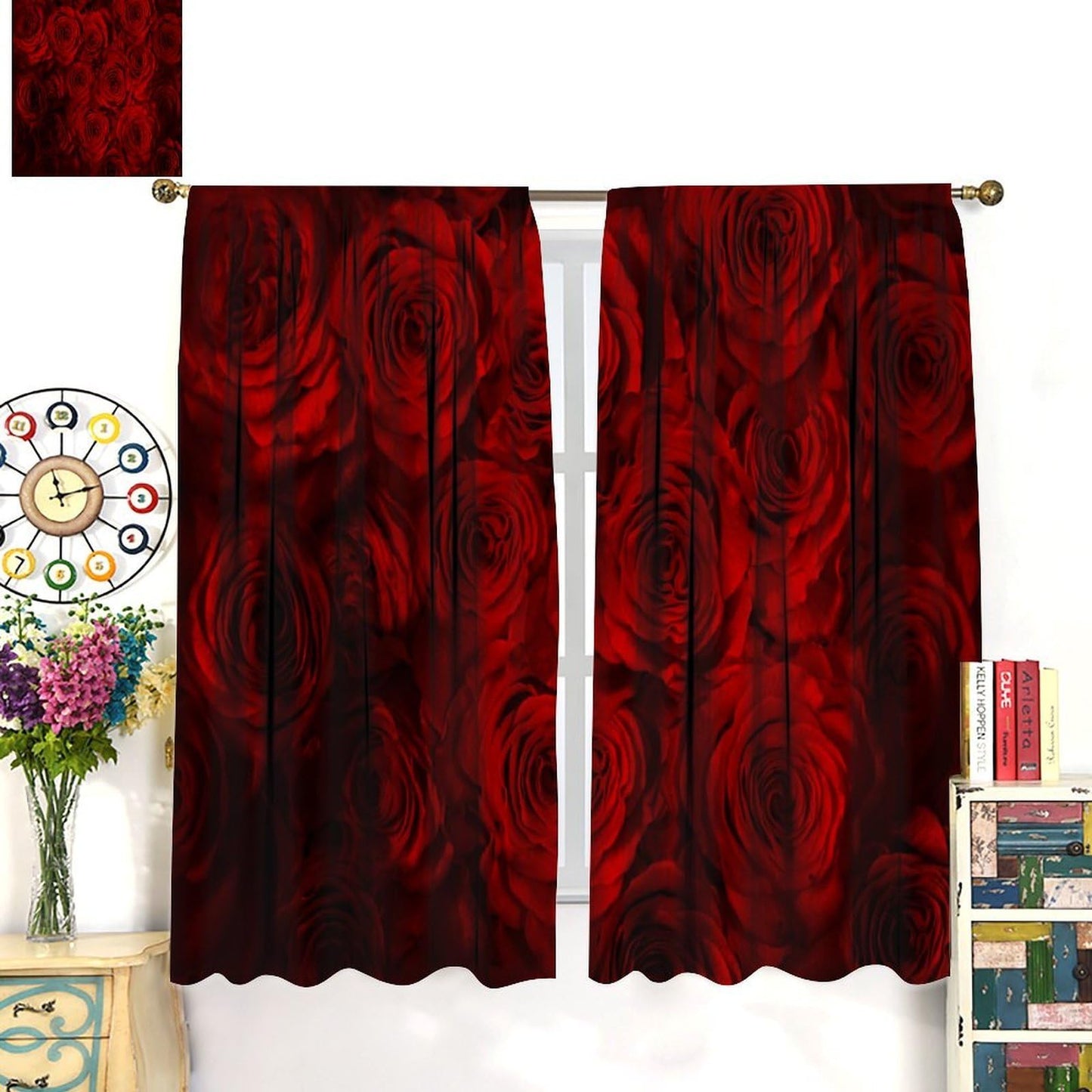 GoDazzling Romantic Flowers Rose Curtains, Floral Valentines Red Rose Blooming Rod Pocket Window Drapes, for Bedroom Living Room 41" W X 45" L (No Blackout)
