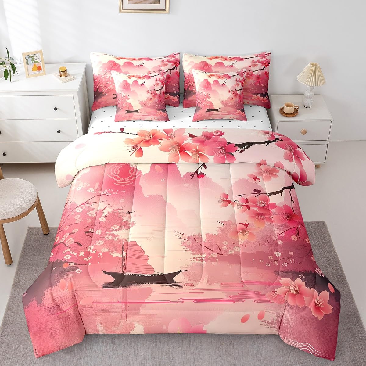 Erosebridal Pink Cherry Blossom Queen Bedding Set 7 Piece,Japanese Style Floral Bed Set for Kids Girls Women,Mountain Theme Oriental Aesthetic Comforter Set with Fitted Sheet,Flat Sheet,Pillowcases