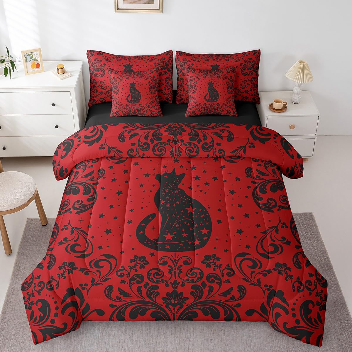 Erosebridal Boho Black Cat Queen Comforter Set 7 Piece for Kids Boys,Black Red Halloween Gothic Bedding Set with Sheet Set Teen Men Exotic Damask Floral Animal Goth Bed in A Bag Stars Cat Bed Set