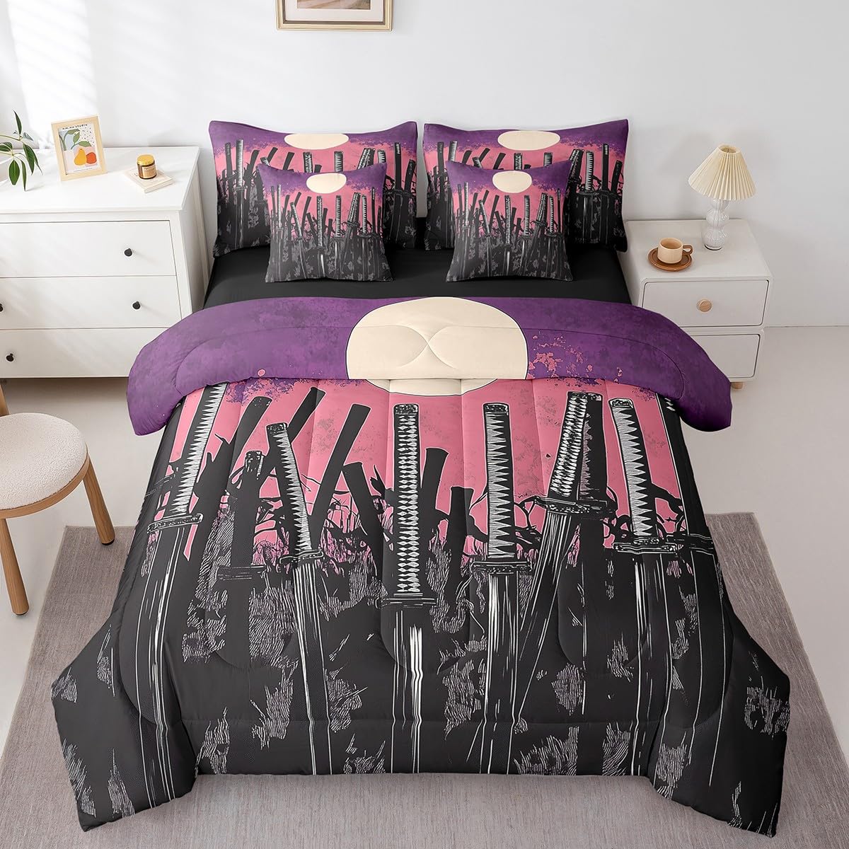 Erosebridal Japanese Comforter Set Twin,Sword Bed in a Bag for Kids Teens Adults,Watercolor Bedding Set 7Pcs,Moonlight Sun Quilt