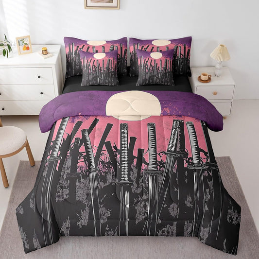 Erosebridal Japanese Comforter Set Twin,Sword Bed in a Bag for Kids Teens Adults,Watercolor Bedding Set 7Pcs,Moonlight Sun Quilt