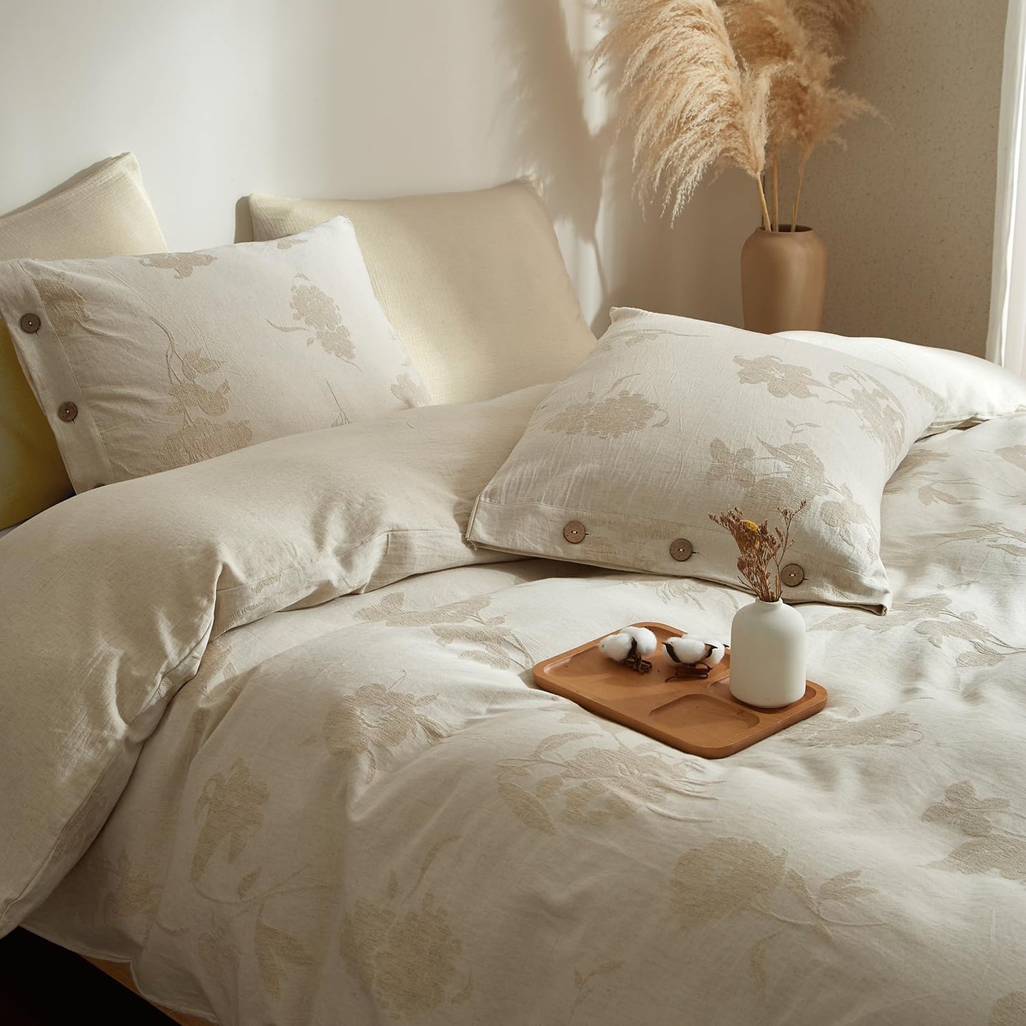 mixinni King Duvet Cover Set - 70% Cotton 30% Linen Blend, Bohemian Floral Jacquard 3-Piece Comforter Cover with 2 Pillowcases, Soft Breathable Lightweight Bedding Set (104"x90"), Almond Milk Grey
