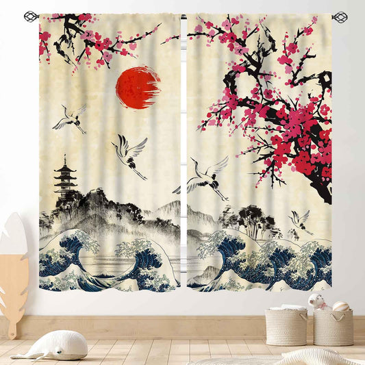 TKUYO Japanese Curtains, Pink Plum Blossom Cherry Floral Branch Asian Style Ink Painting Landscape Crane Birds Printed Window Drapery Treatments for Bedroom Living Room Kitchen 2 Panels, 42"x45" Inch