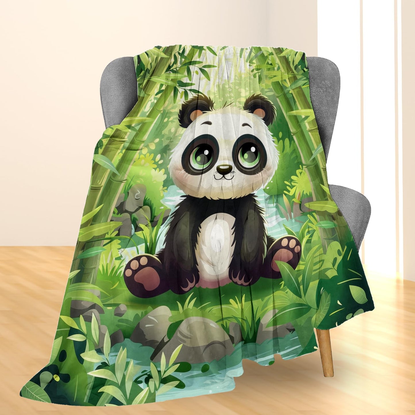 Ti Caldi Charming Panda in Forest Blanket - Soft Lightweight Cozy Flannel Throw Blanket for Adults Kids Women Men, Warm Fuzzy Blankets for Couch, Bed, Travel, Home Decor, Living Room 60×50 in