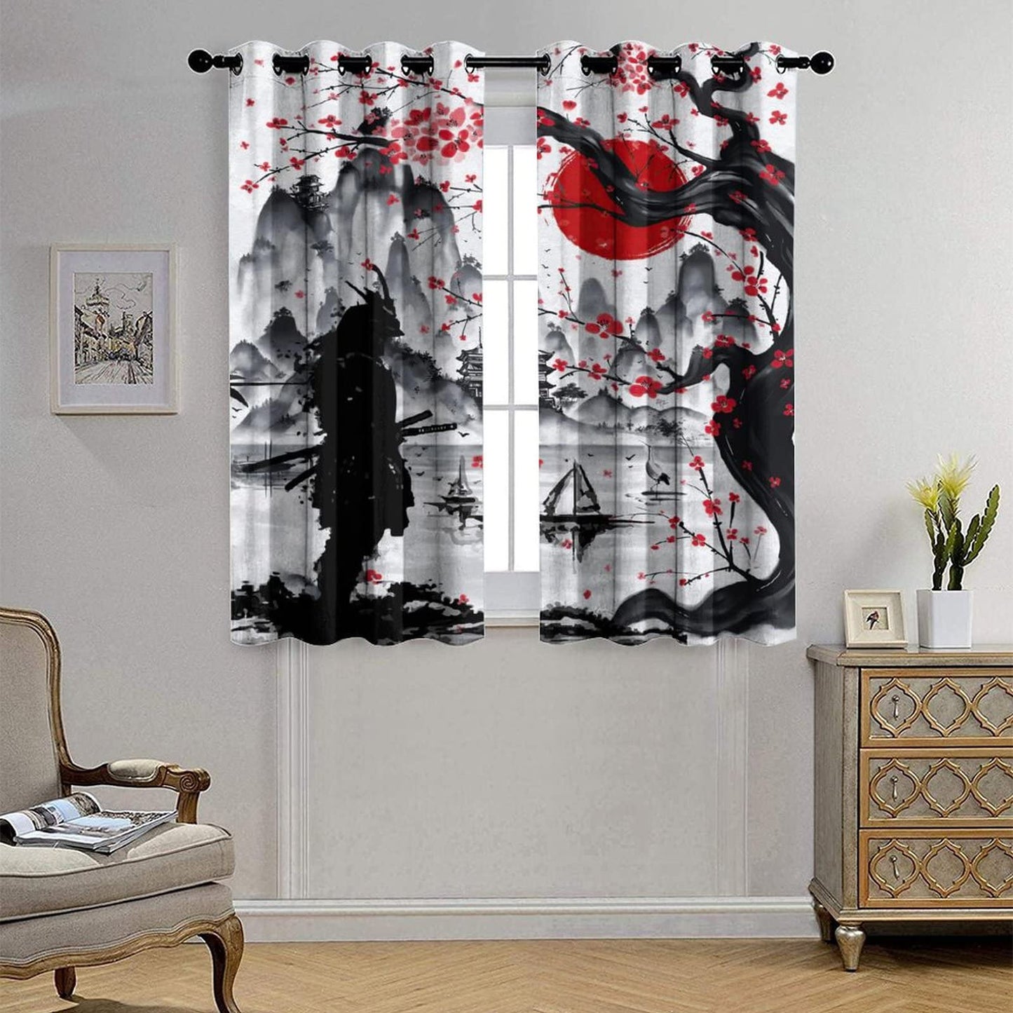Retro Japanese Blackout Curtains for Bedroom,Watercolor Ink Samurai Red Sun Mountain Cherry Blossoms Grommet Thermal Insulated Room Darkening Curtains Window Curtains 2 Panels 45L x 21W