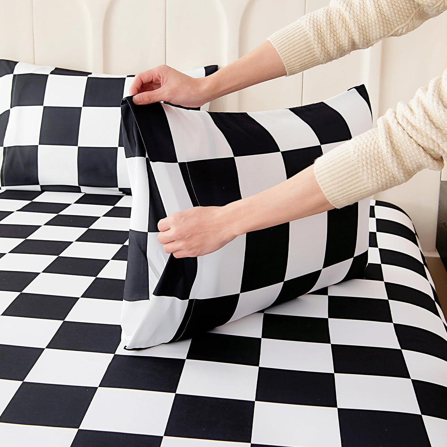 Homilay Full Sheet Set Kids - Black&White Plaid 4 Pieces Soft Microfiber Cartoon Style Bedsheets for Boys Girls Teens, Oeko TEX Breathable 15 Inch Deep Pocket Sheets(Chequered Flag)