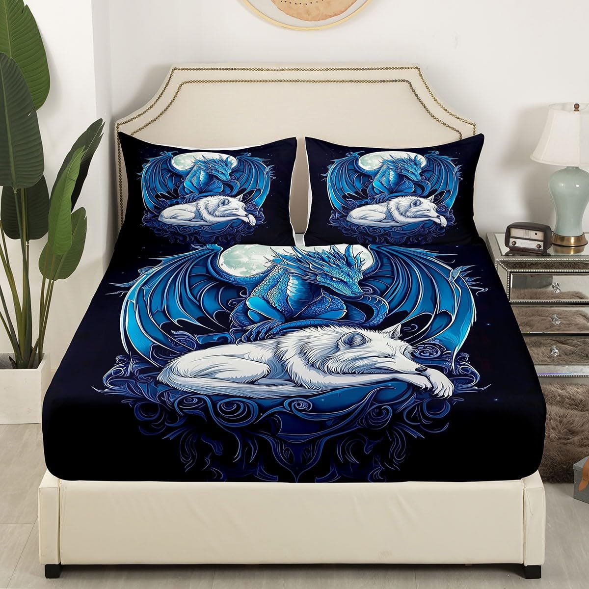 Erosebridal Dragon Bed Sheets Set Twin Size for Boys, Wolf Animals Bedding Set, Tribal Exotic Wildlife Flat Fitted Sheet for Boys Adult Men Room, Moon Starry Sky Bed Set, Black Blue