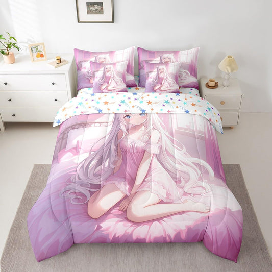 Erosebridal Twin Size Japanese Anime 7 Piece Comforter Set, Anime Girl Bedding Set Kawaii Japanese Style Bed in A Bag Cartoon Japan Animation Sheet Set for Boys Teen Adult Women Bedroom,Pink