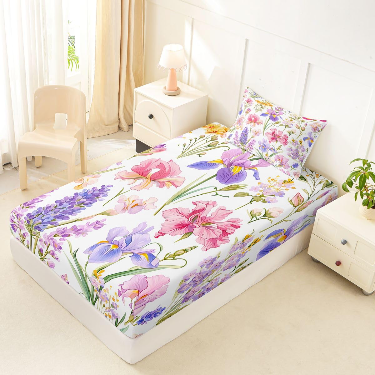 Erosebridal Pink Floral Bed Sheets Set Twin Colorful Plants Sheet Set Garden Style Flower Sheets Rustic Farmhouse Flat Fitted Sheet